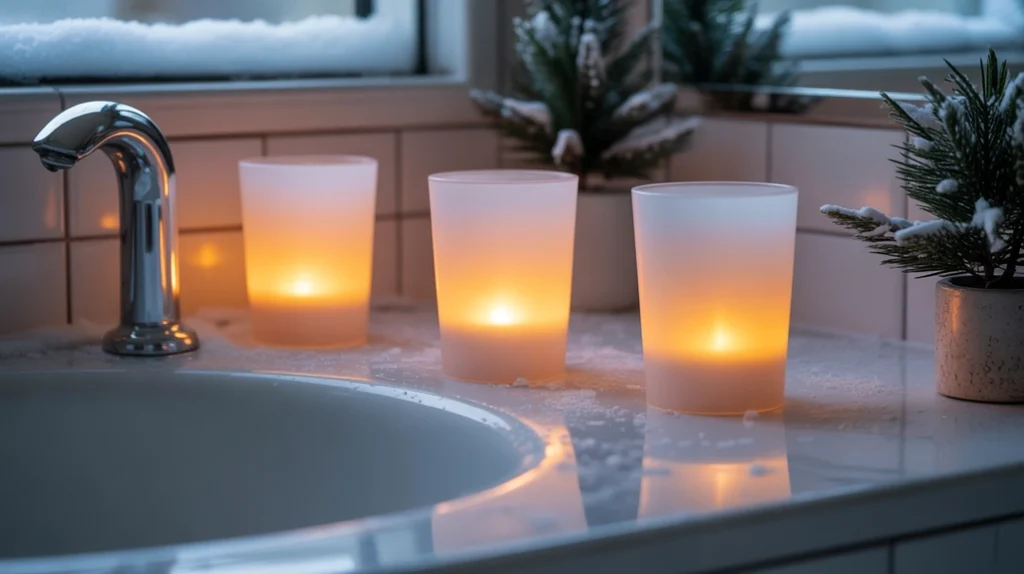 white and frosted candleholders glowing softly in a winter bathroom