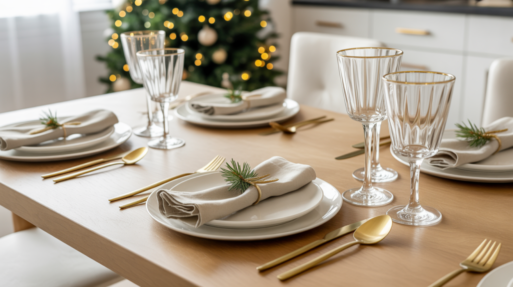 White plates with gold utensils and napkin rings creating a luxurious and festive kitchen table setting for Christmas.