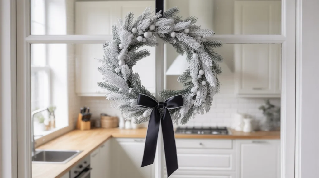 White Christmas wreath with black ribbon accent hanging in modern minimalist kitchen interior