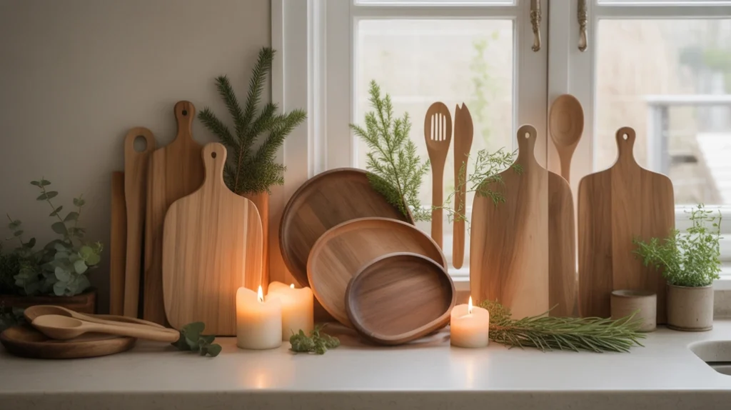 Modern farmhouse kitchen with wooden boards and greenery, natural minimalist Christmas kitchen styling