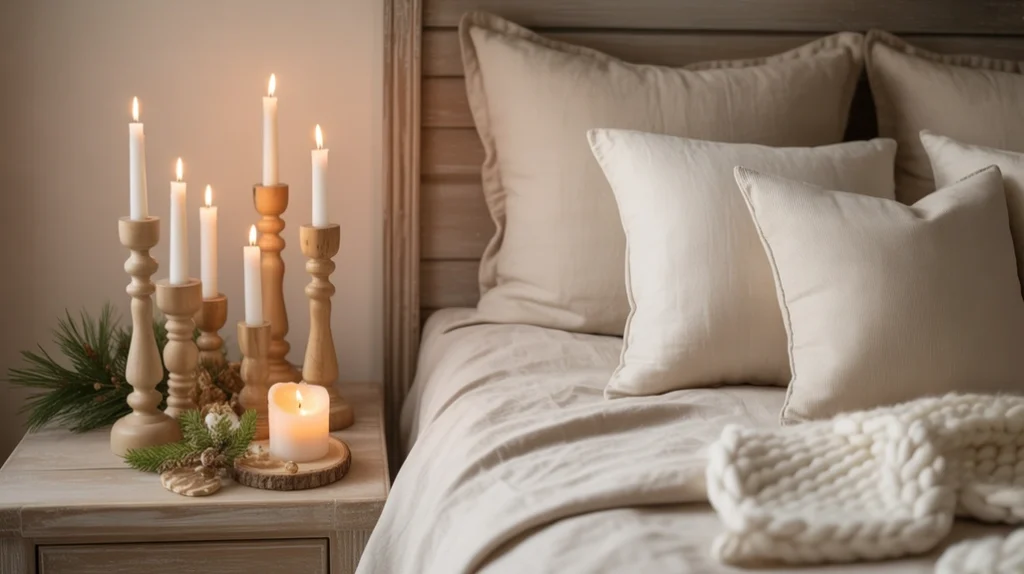 wooden decor and candle holders adding rustic warmth to a neutral Christmas bedroom