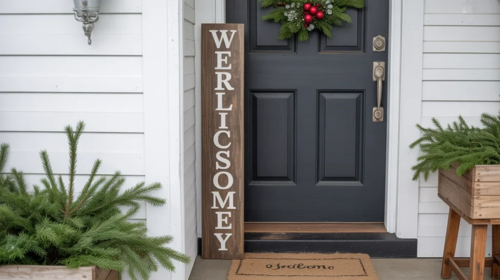 “Rustic wooden Christmas welcome sign styled with greenery in the entryway”