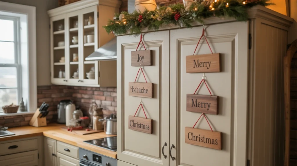 Rustic kitchen cabinets decorated with wooden Christmas signs and tags engraved with holiday phrases 