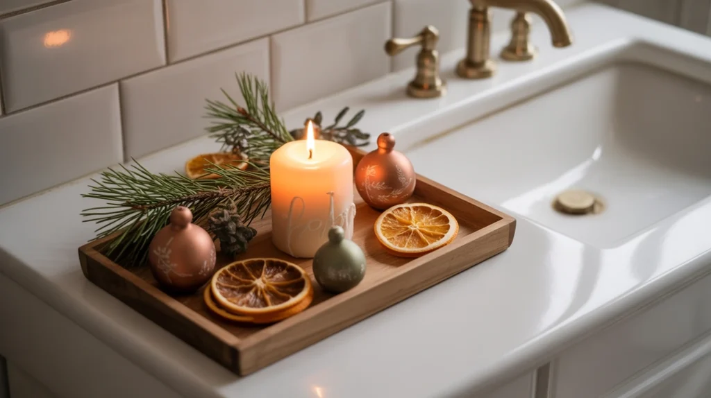 wooden tray with pine, dried oranges, and candles for warm boho christmas bathroom accents