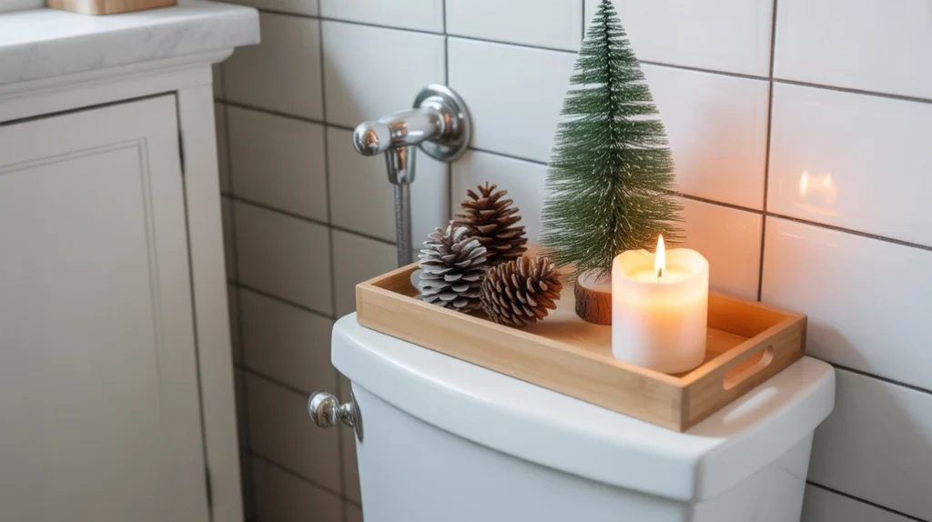 wooden tray with christmas decorations arranged neatly on toilet tank