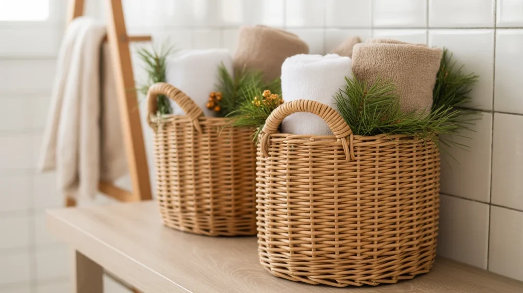 Woven seagrass basket filled with towels for natural Christmas bathroom storage and organic texture.