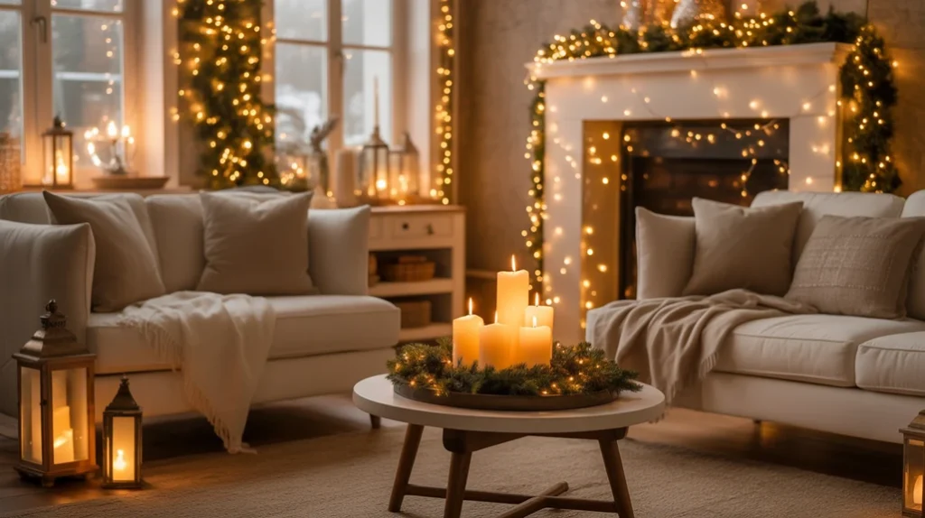 minimalist holiday living room with white and champagne Christmas tree