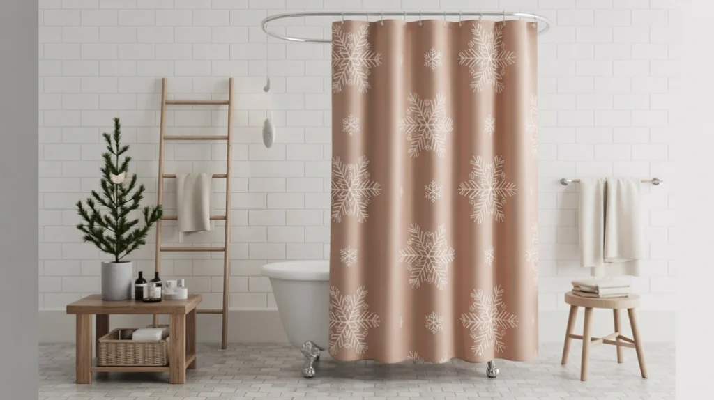Neutral winter-themed Christmas shower curtain with soft seasonal patterns in a calm bathroom.