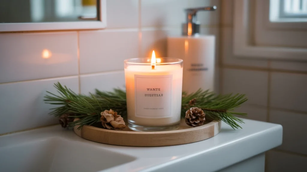 Christmas-scented candle creating a warm winter glow in a cozy bathroom space.