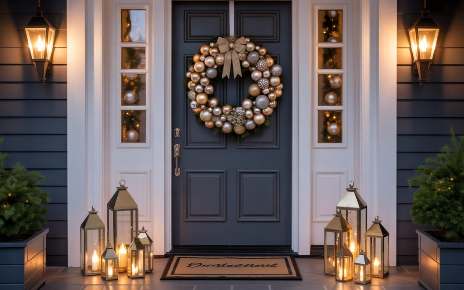 Ornament-Filled Wreath with Metallic Lanterns