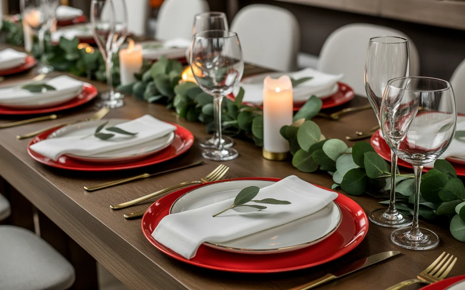 Red Chargers with White Dinnerware
