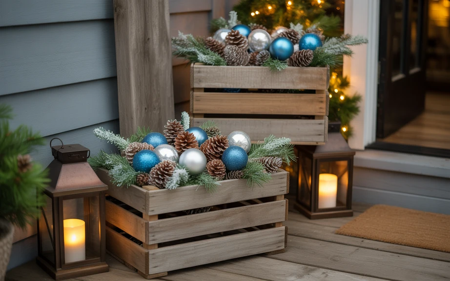 Rustic Crates with Pinecones & Ornaments