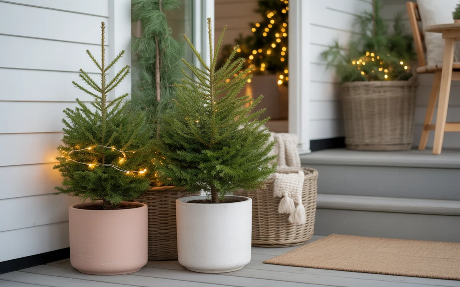 Small Potted Evergreens in Neutral Planters