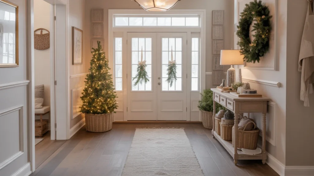 Hallway runner rug styled with subtle Christmas decorations and winter textures