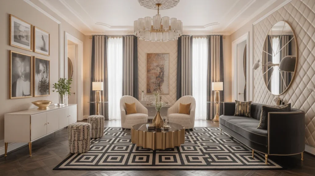 “Hollywood Regency-inspired glam living room with luxe details.”