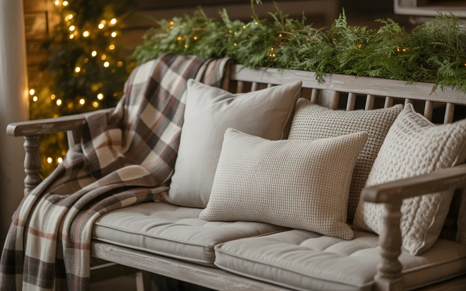 Rustic Bench Seating with Cozy Christmas Textiles