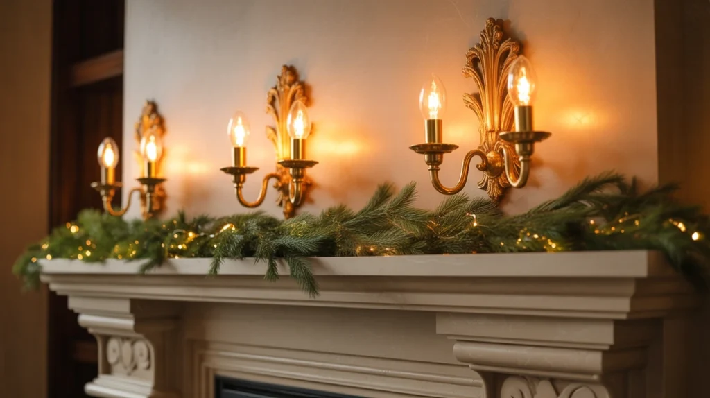 Wall sconces with warm LED bulbs enhancing Christmas living room lighting scheme