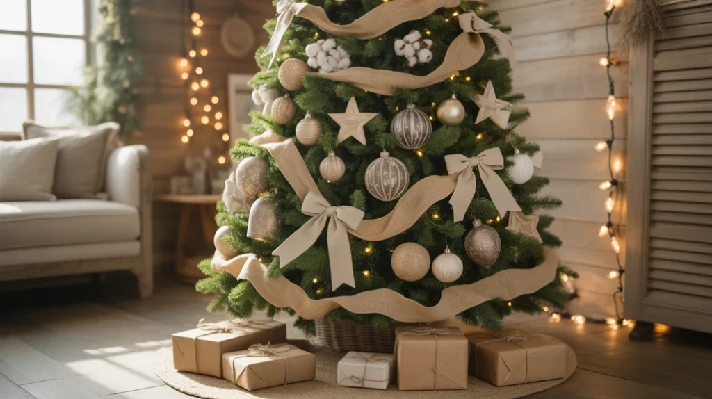 Farmhouse-style Christmas tree with wooden star topper and metal ornaments
