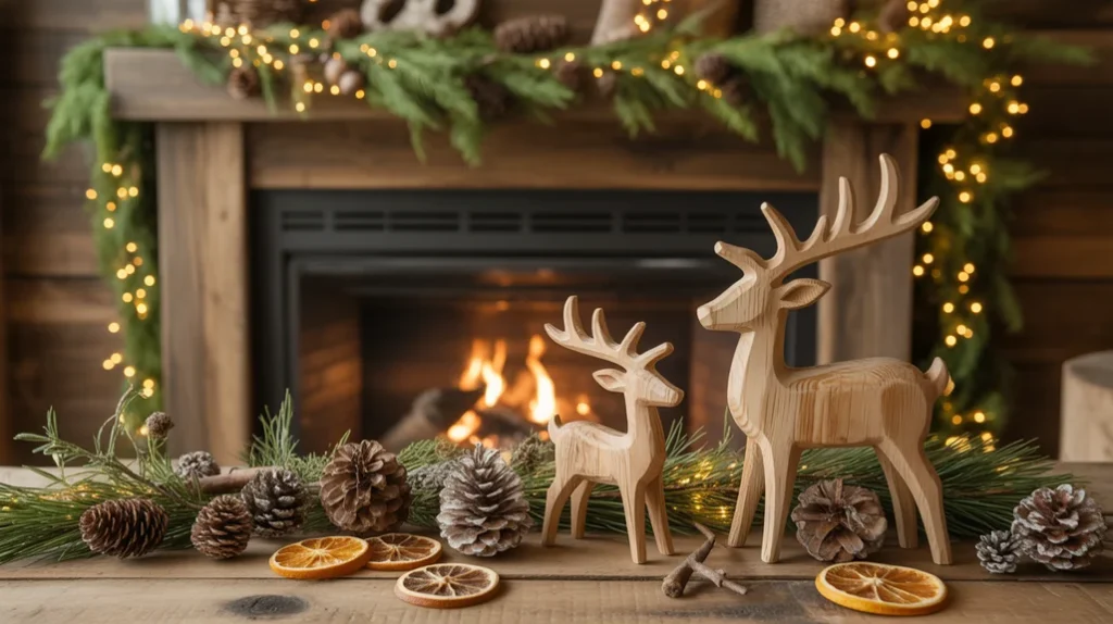 Woodland-inspired Christmas mantel decor with pinecones, dried oranges, fairy lights, and rustic greenery