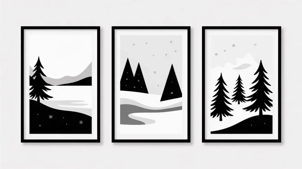 black and white christmas wall art featuring winter silhouettes in a modern bathroom