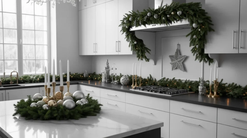 Black and white modern Christmas kitchen design with greenery and clean contrast