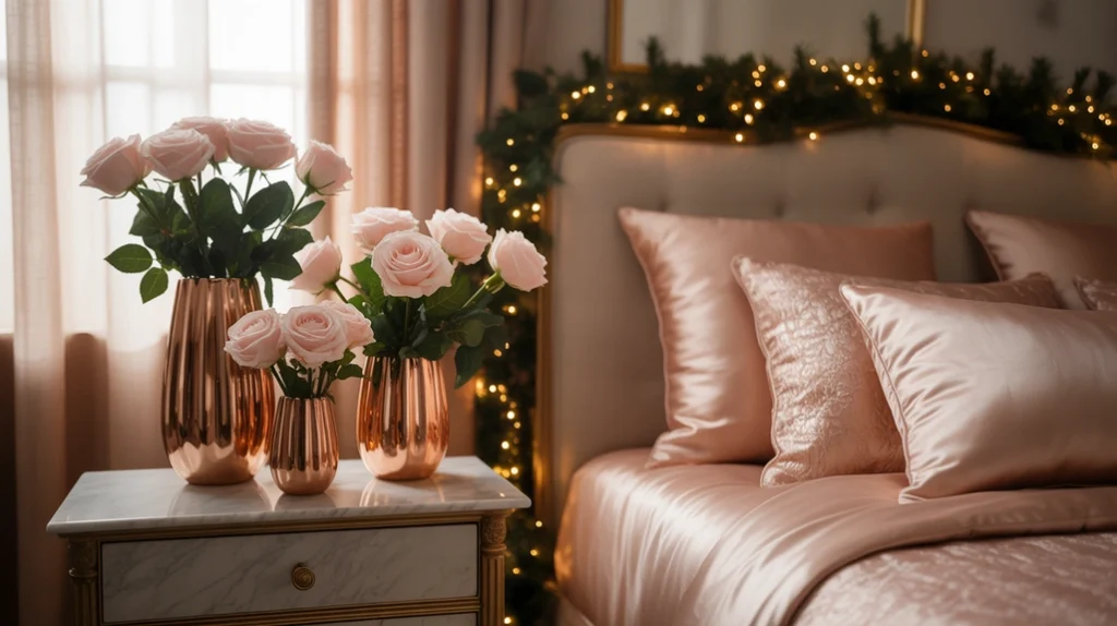 blush roses and gold vases styled on nightstand bringing romantic holiday charm to metallic Christmas bedroom