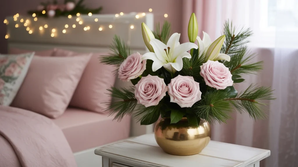 blush roses and pine sprigs in gold vase adding floral elegance to a pink holiday bedroom