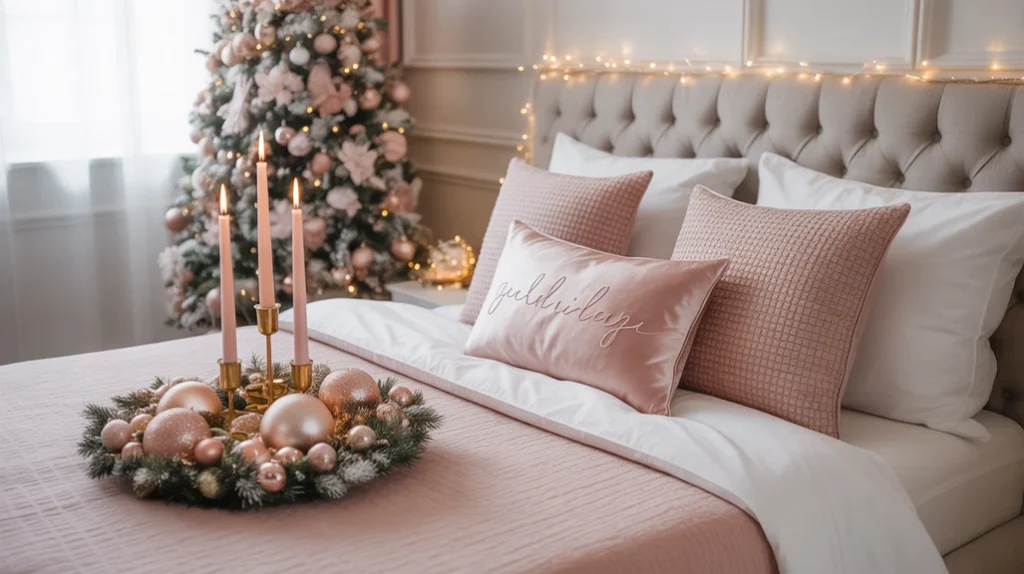Blush pink and gold holiday bedroom with candles and warm lighting