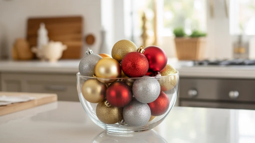 Glass bowl filled with Christmas ornaments in gold and red tones on countertop adding sparkle to holiday kitchen decor