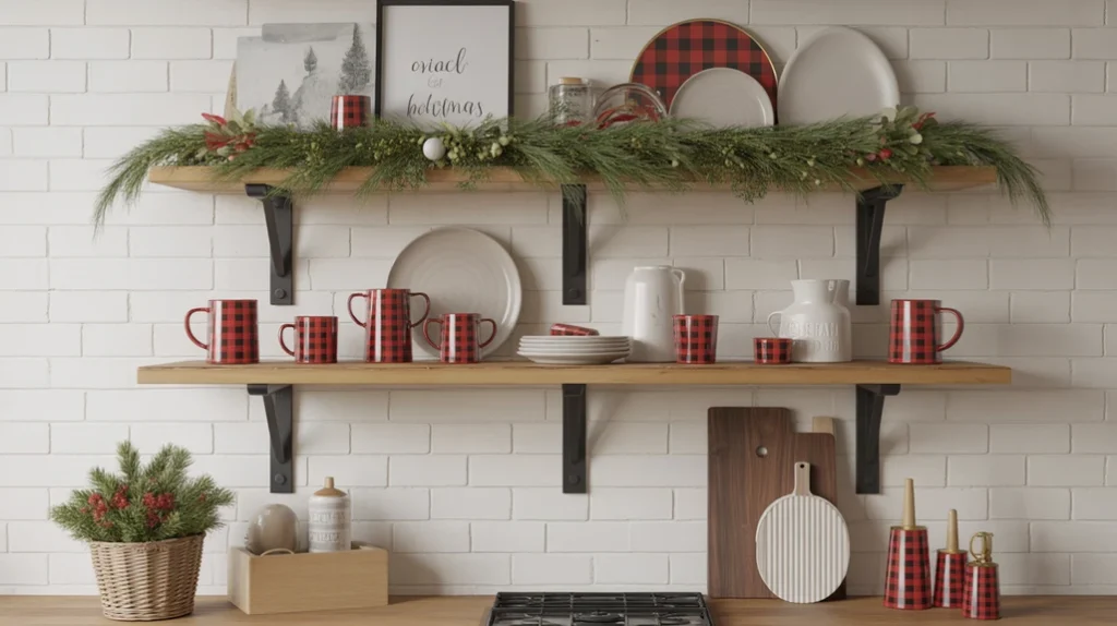 Open kitchen shelves decorated with plaid mugs, greenery, and farmhouse Christmas accents
