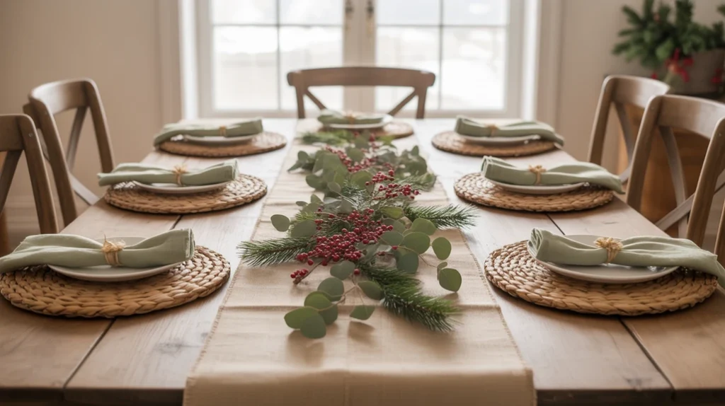 burlap runners and linen napkins styled with pinecones and greenery in cozy rustic kitchen