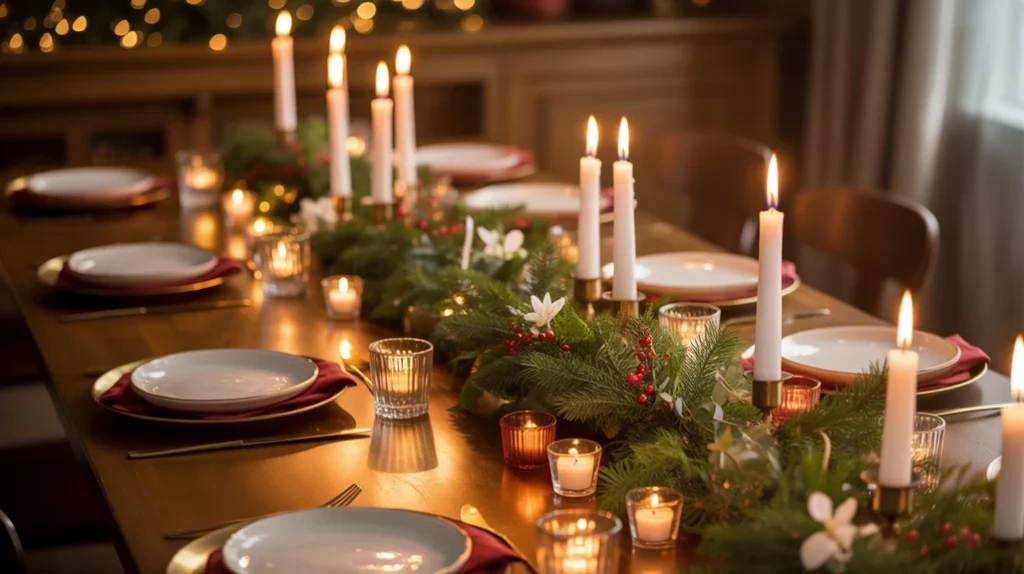 Candlelit holiday dining table with taper candles and winter greenery