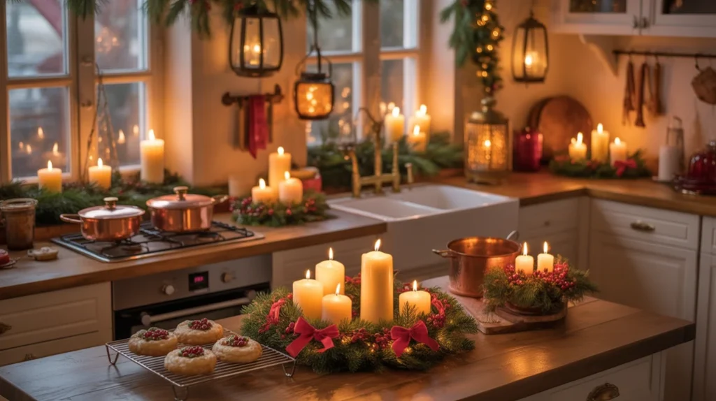 Warm candles and lanterns adding soft lighting to cozy Christmas kitchen