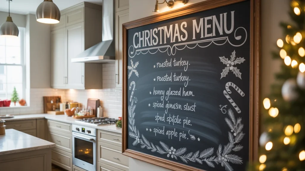 Chalkboard Christmas menu in kitchen with handwritten festive notes in black and white theme