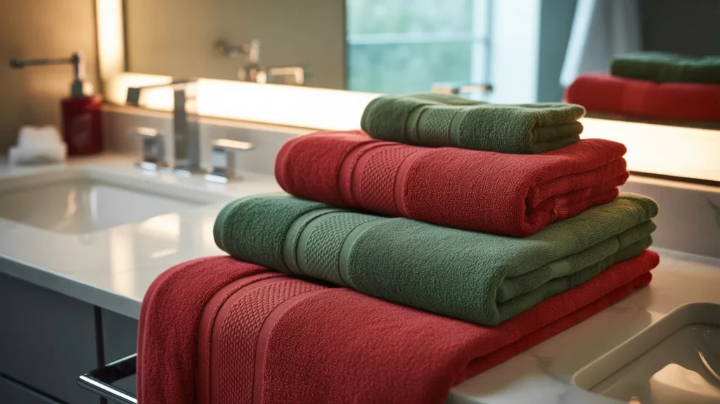 Red and green Christmas towels layered neatly on a bathroom rack for classic holiday color