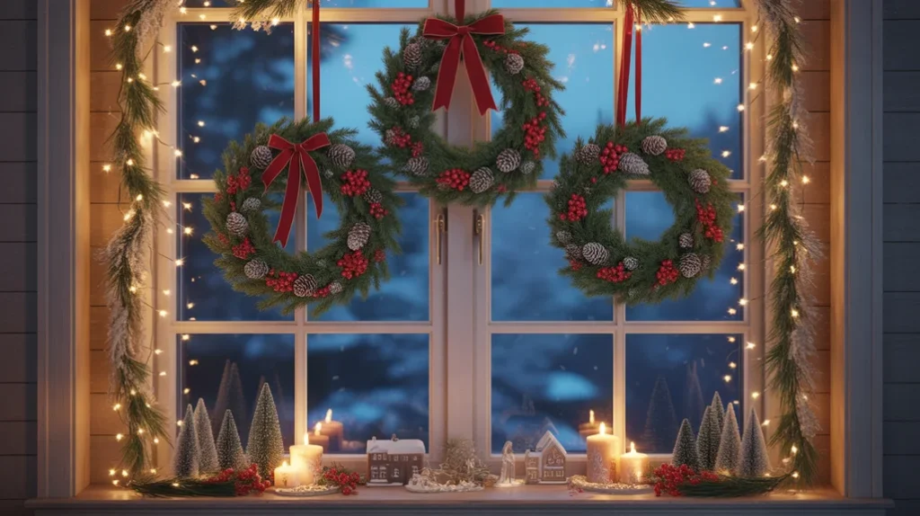 Christmas window decorations with fairy lights, wreaths, garlands, and winter accents