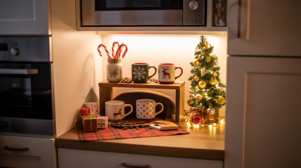 Tiny Christmas coffee nook with festive mugs, candy canes, and mini tree in limited kitchen space