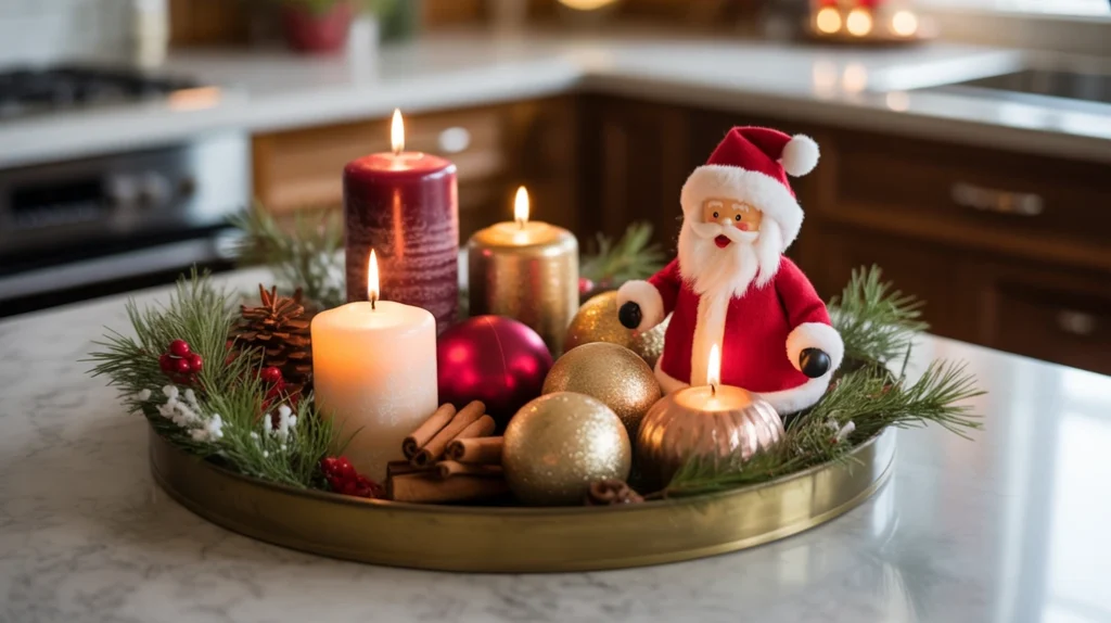 Christmas tray on countertop styled with candles, greenery, and mini ornaments