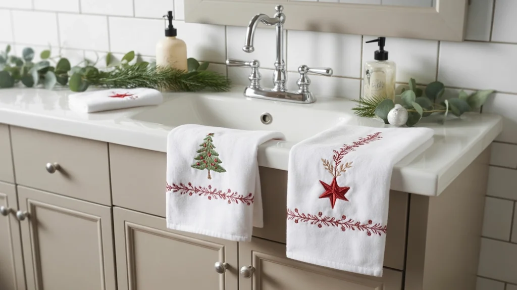 christmas hand towels with subtle embroidery hanging near bathroom sink