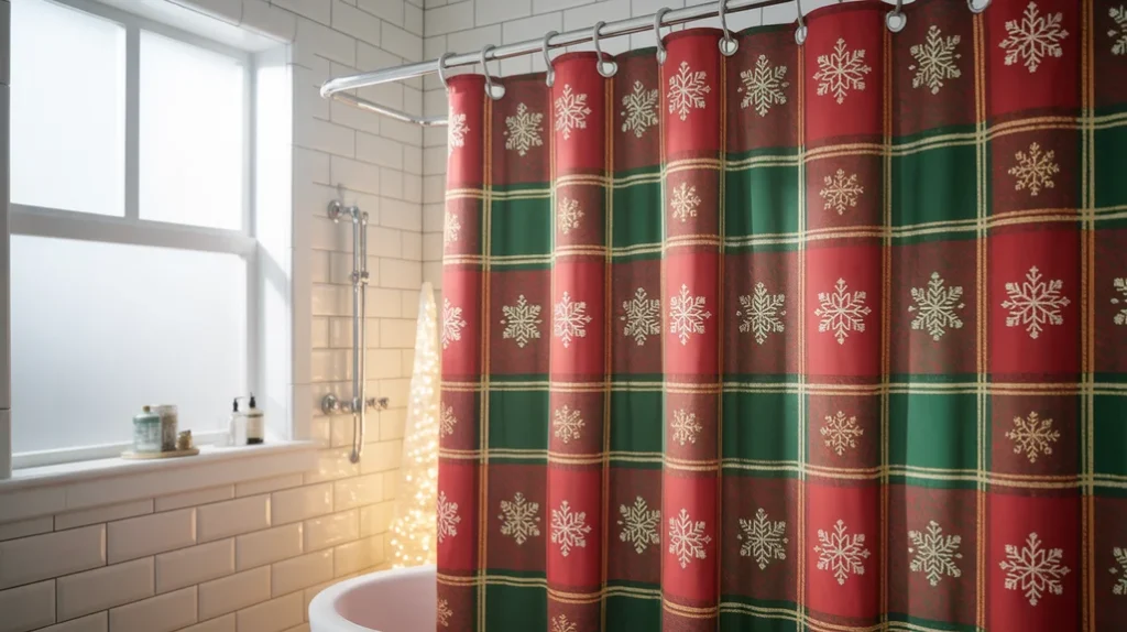 classic christmas shower curtain with festive patterns for holiday bathroom decor