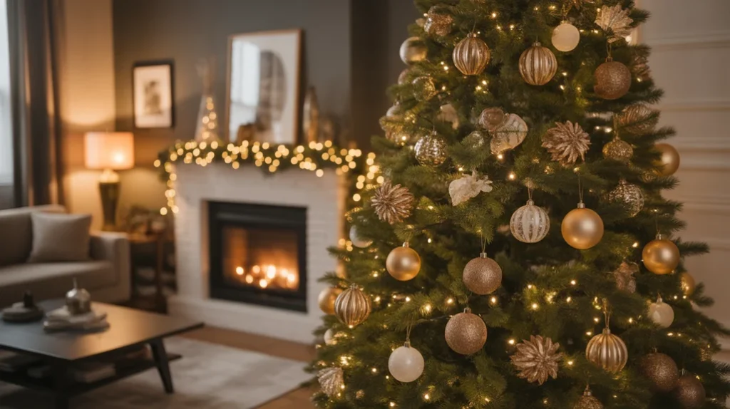 Glowing Christmas tree decorated with gold ornaments and warm white lights for cozy night ambience