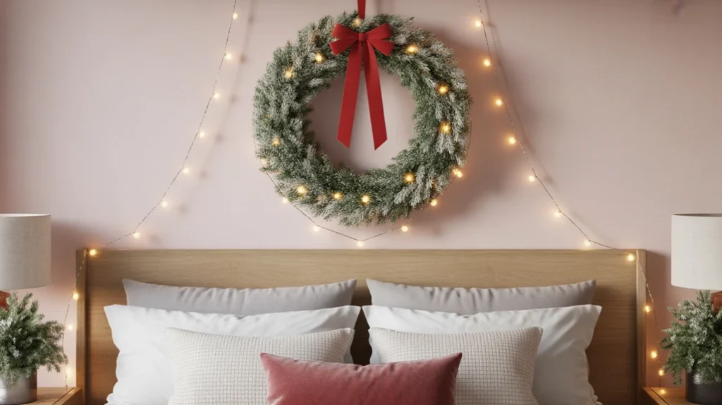 Frosted pine wreath hanging above bed for elegant Christmas bedroom design