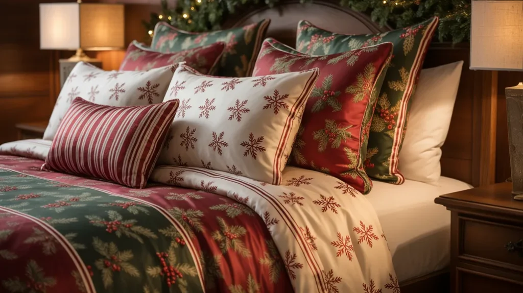 Holly and snowflake patterned pillows styled in a timeless traditional Christmas bedroom decor