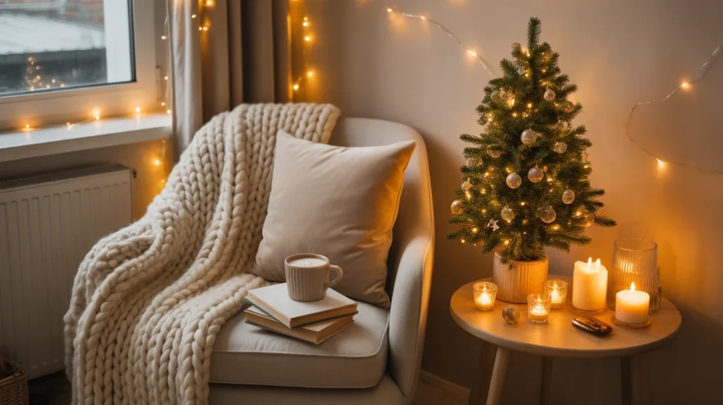 Cozy Christmas corner in a small apartment featuring a mini tree, candles, and soft ambient lighting.