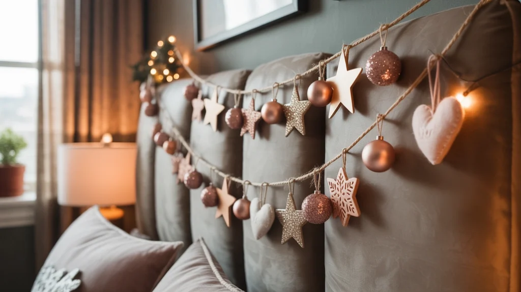 DIY garlands with stars, baubles, and paper ornaments decorating a creative teen Christmas bedroom
