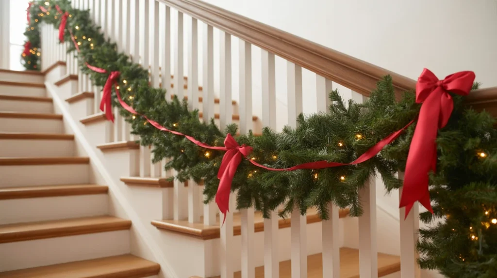 “Draped Christmas garland on staircase banister creating a flowing holiday look”