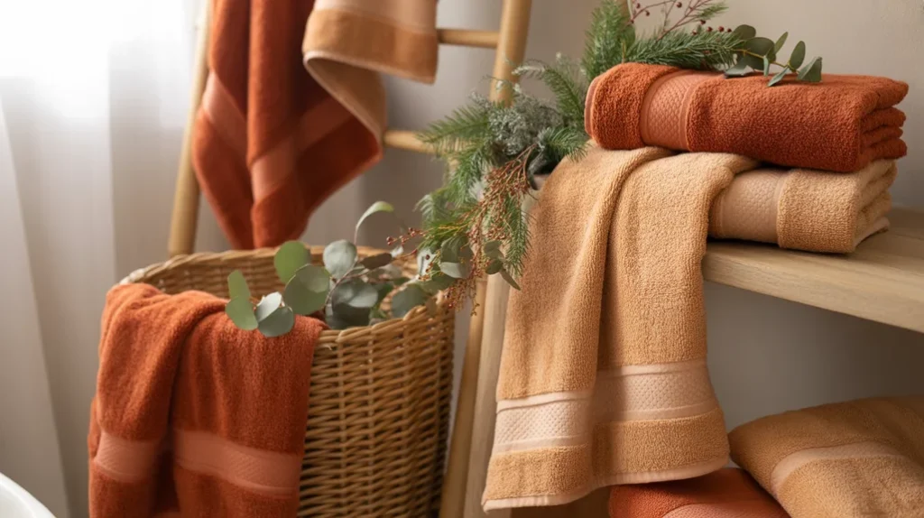 earthy toned towels in rust and beige styled for cozy boho christmas bathroom decor
