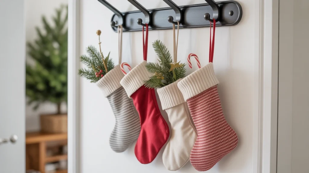 “Small holiday stockings hanging on entryway wall hooks with seasonal fillers”