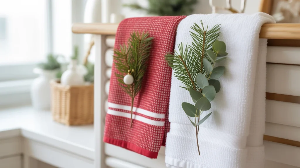 white towels decorated with pine and evergreen stems for natural holiday styling