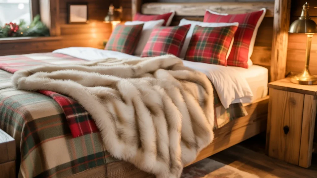 Faux-fur throw blanket and plaid pillows giving a warm winter lodge feel to Christmas bedroom.